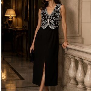 Vintage Melissa Collection Black White Soutache Midi Dress USA Made Art Deco 10